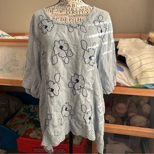 Kaktus Floral Linen Embroidered Eyelet Tunic Top High Low Large Boho Resort